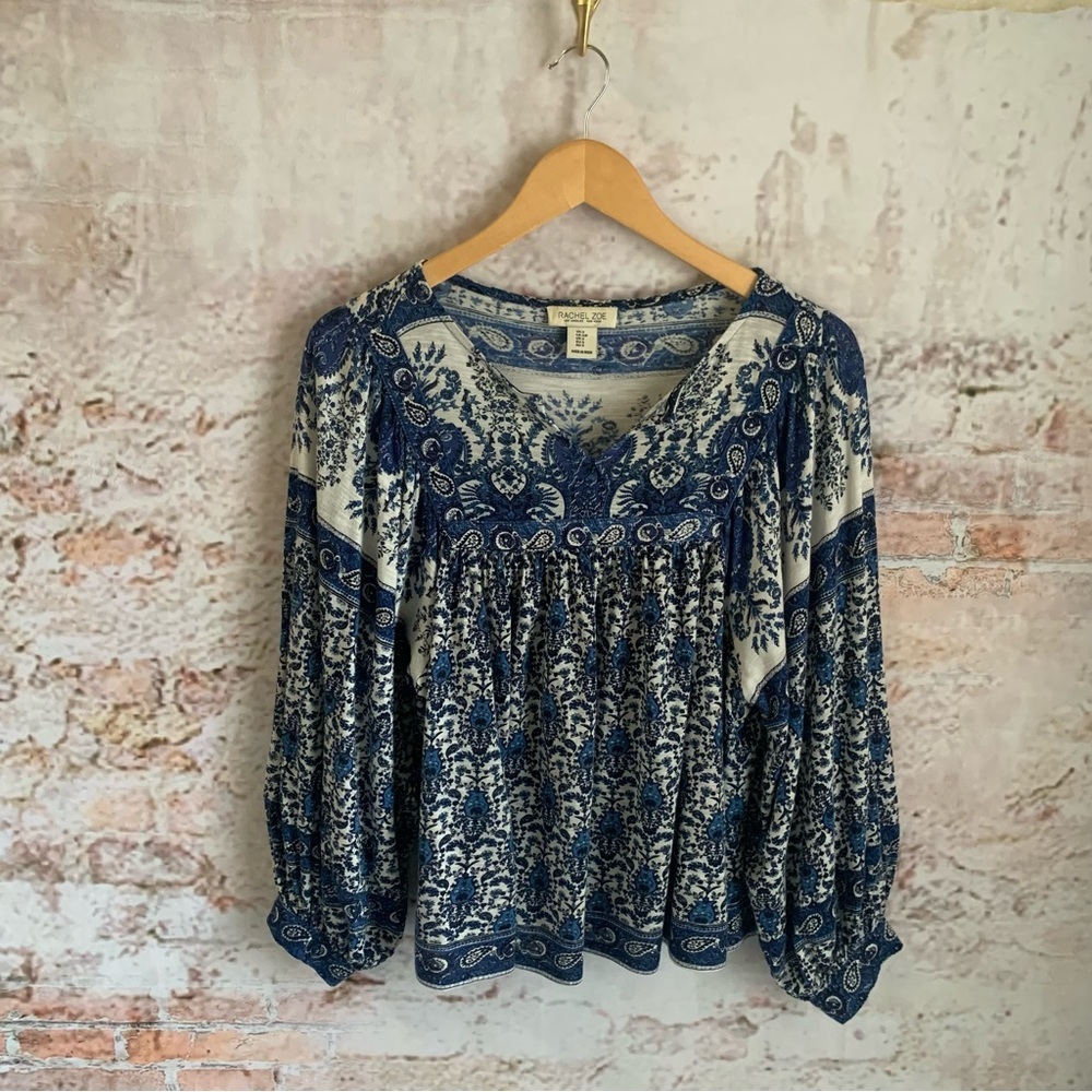Rachel Zoe Blue and White Paisley Peasant Blouse